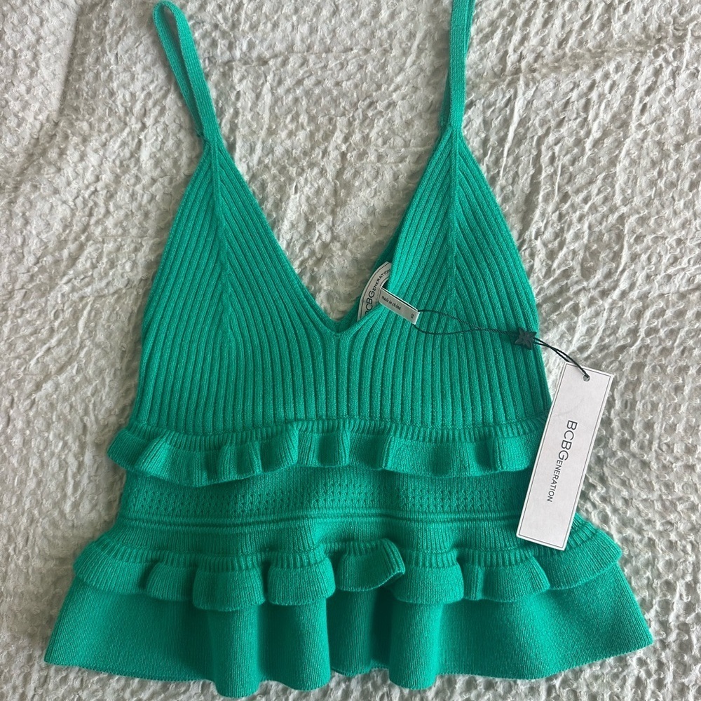Green knit ruffle spaghetti strap top